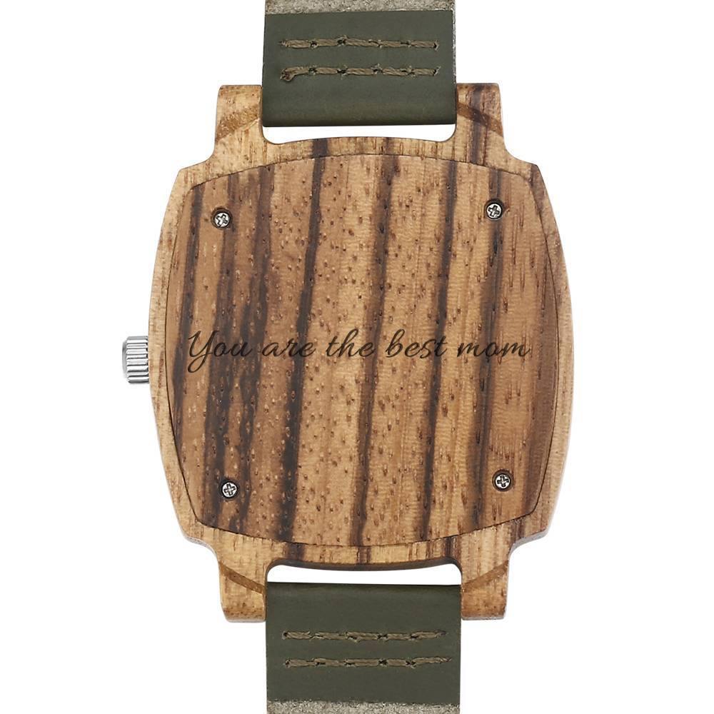 Men's Engraved Bamboo Photo Watch Dark Green Leather Strap 45mm - soufeelus