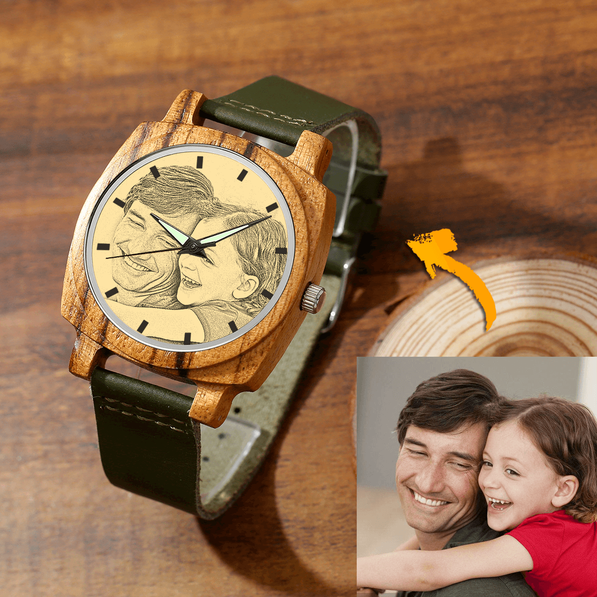 Men's Engraved Bamboo Photo Watch Dark Green Leather Strap 45mm - soufeelus
