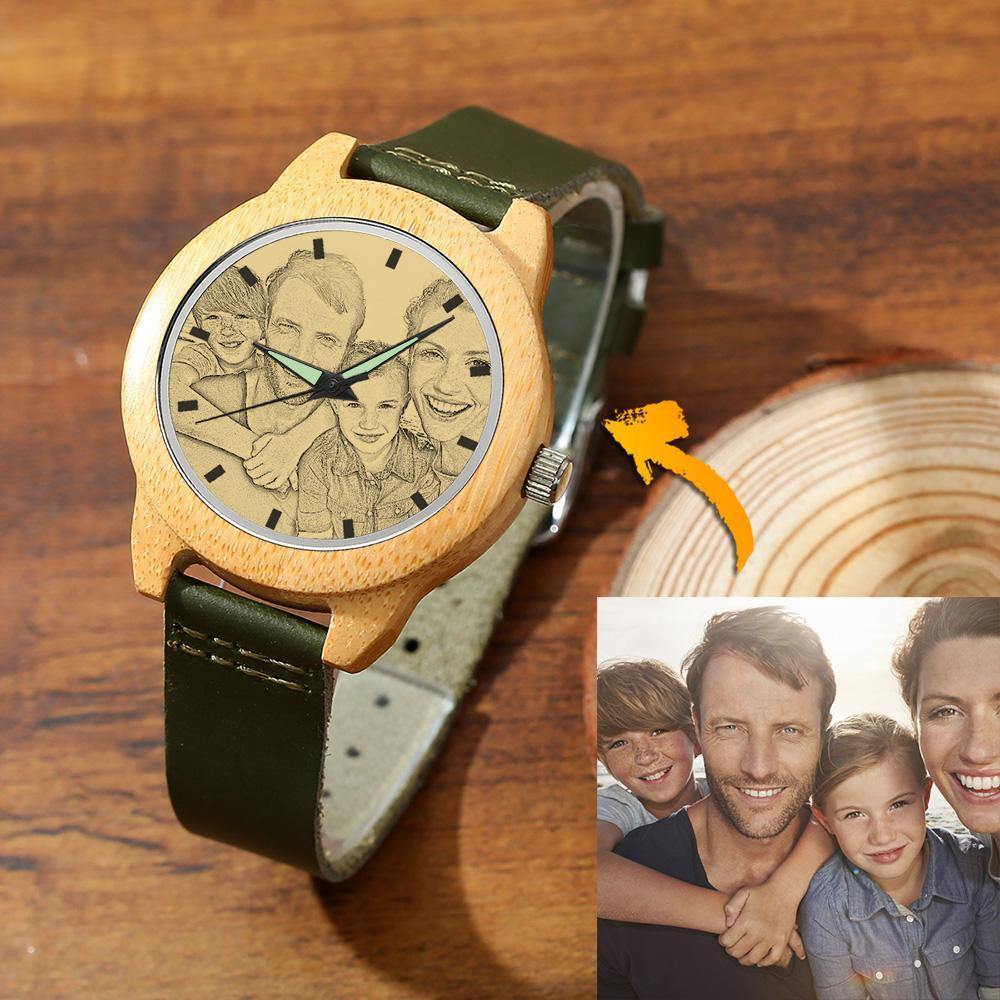 Men's Bamboo Photo Watch Dark Green Leather Strap 45mm -