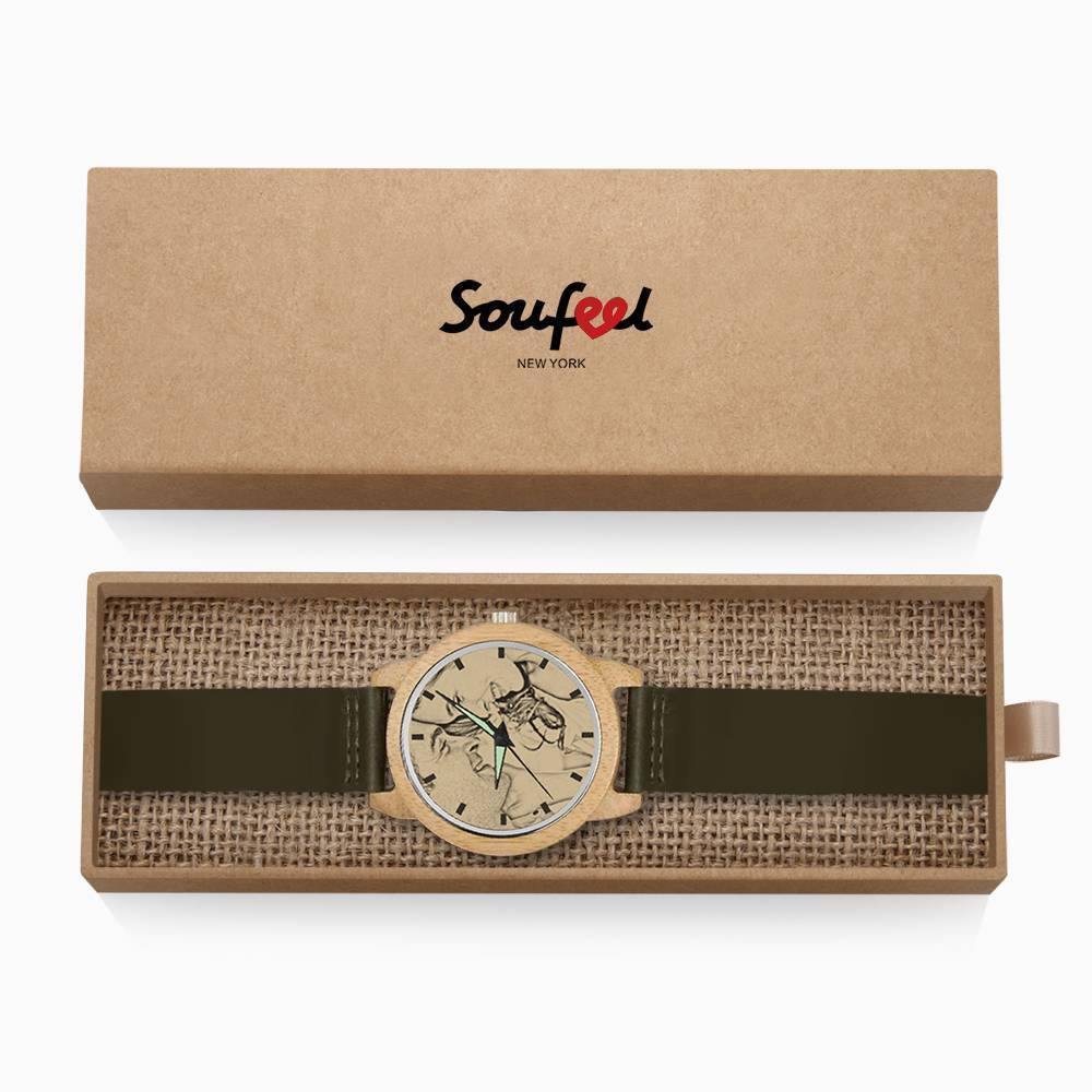 Men's Bamboo Photo Watch Dark Green Leather Strap 45mm - soufeelus