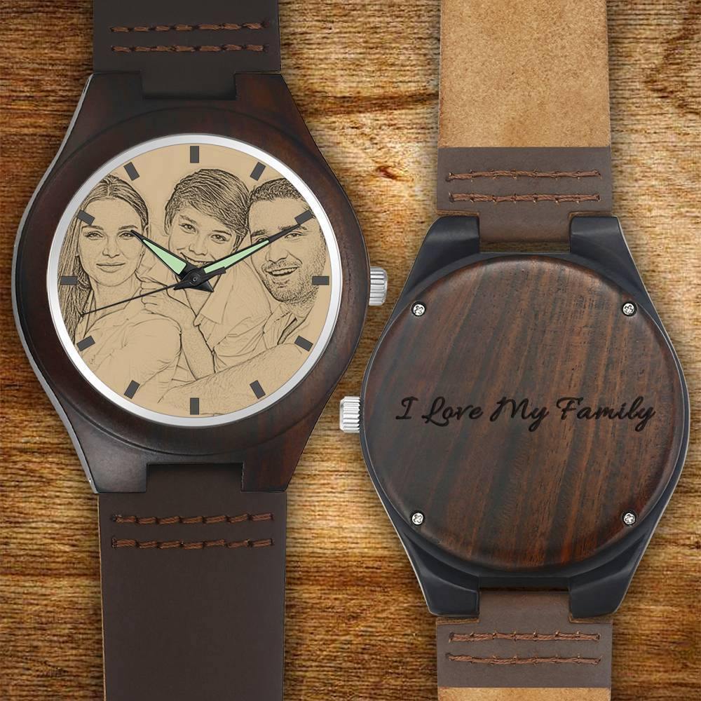Men's Engraved Wooden Photo Watch Brown Leather Strap 45mm - soufeelus
