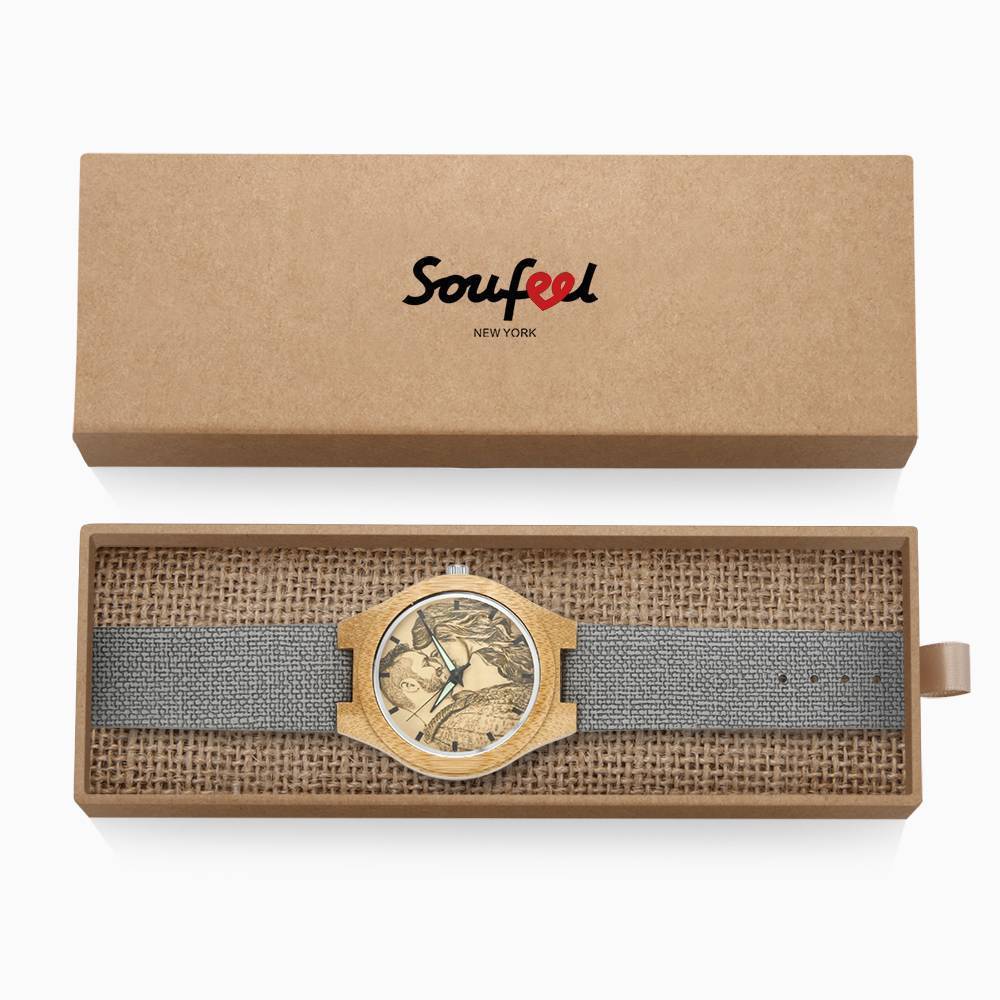 Women's Engraved Bamboo Photo Watch Grey Leather Strap 40mm