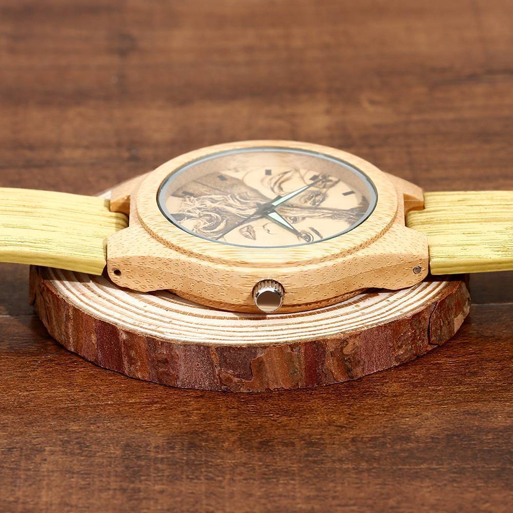 Women's Engraved Bamboo Photo Watch Wooden Leather Strap 40mm