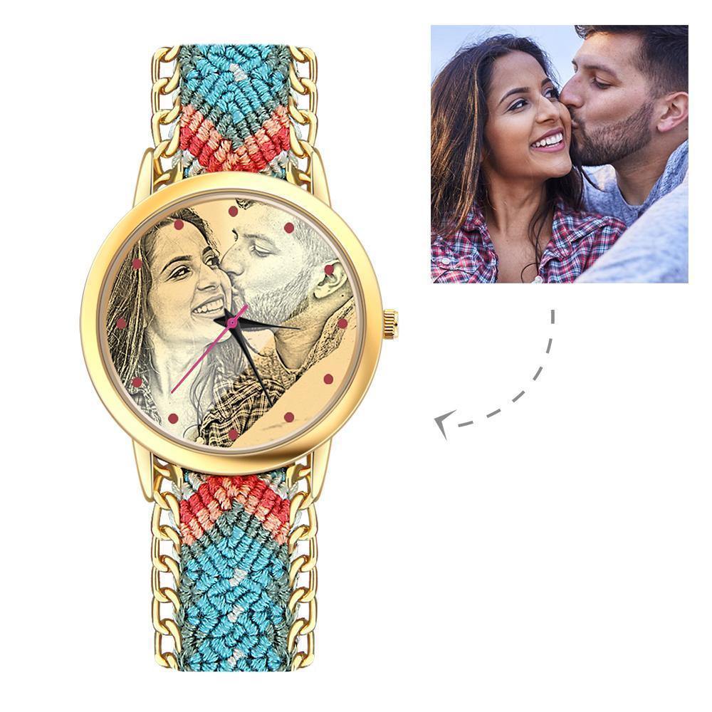 Women's Gold Photo Engraved Watch Braided Color Rope Strap 40mm - soufeelus