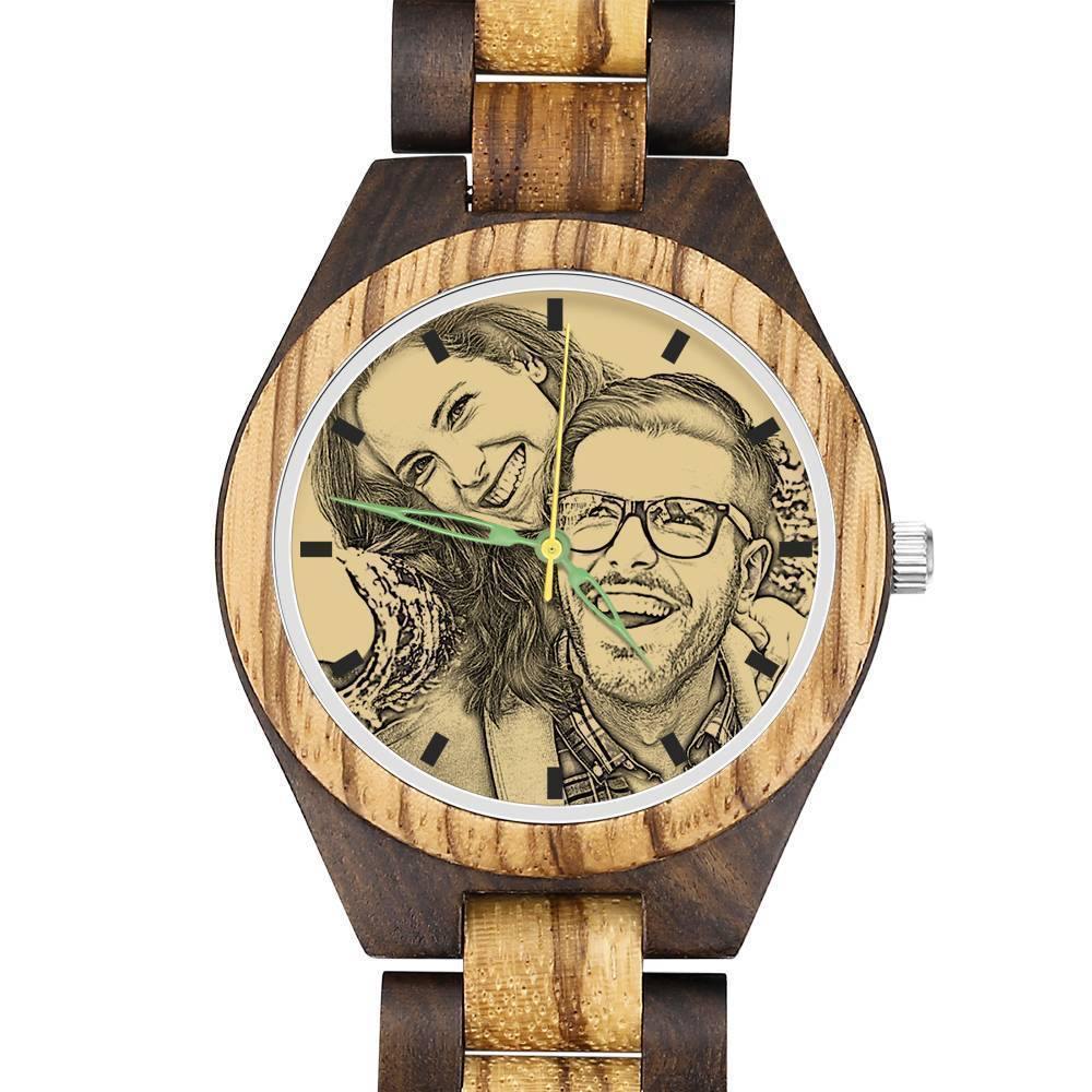 Men's Engraved Wooden Photo Watch Wooden Strap 45mm - soufeelus