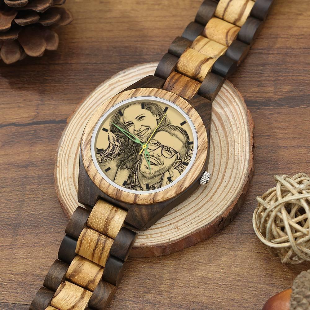 Men's Engraved Wooden Photo Watch Wooden Strap 45mm - soufeelus