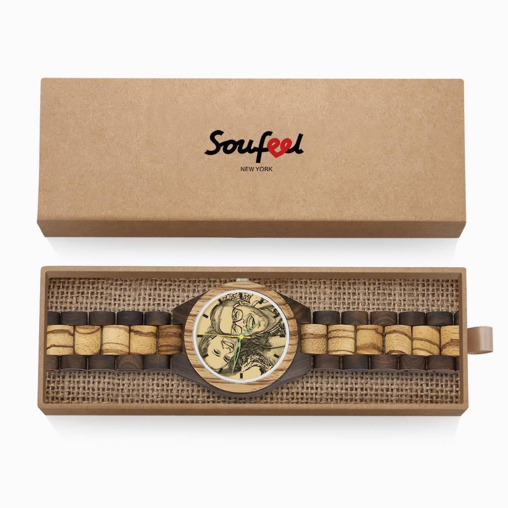 Men's Engraved Wooden Photo Watch Wooden Strap 45mm - soufeelus