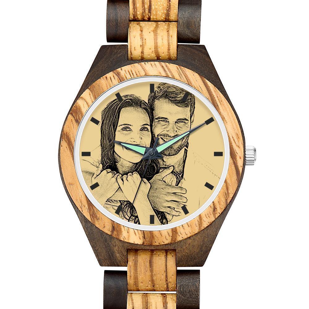 Engraved Wooden Photo Watch Wooden Strap 38mm Sketch Effect - Women's -