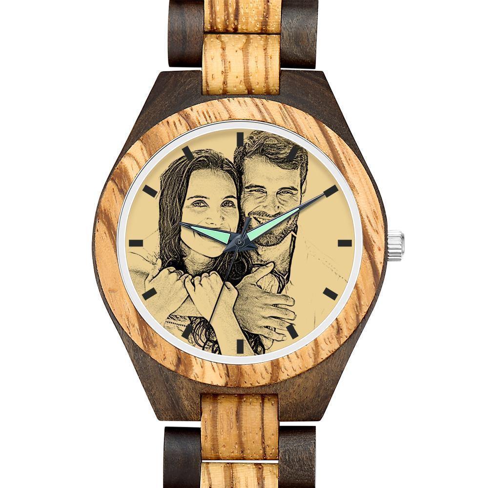 Engraved Wooden Photo Watch Wooden Strap 38mm Sketch Effect - Women's - 