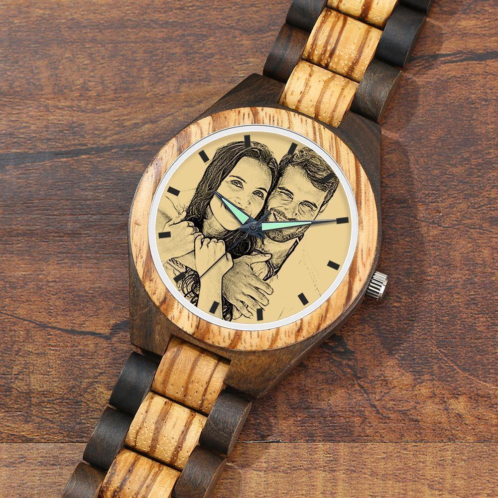 Engraved Wooden Photo Watch Wooden Strap 38mm Sketch Effect - Women's -