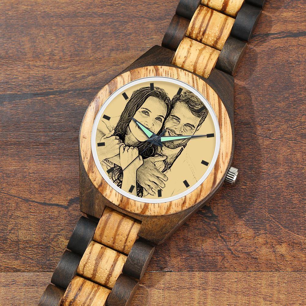 Engraved Wooden Photo Watch Wooden Strap 38mm Sketch Effect - Women's - 