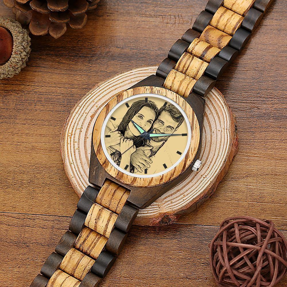 Engraved Wooden Photo Watch Wooden Strap 38mm Sketch Effect - Women's - 