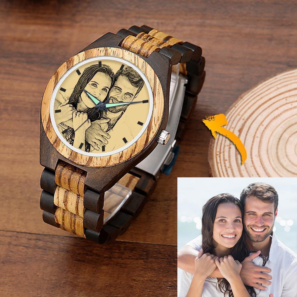 Engraved Wooden Photo Watch Wooden Strap 38mm Sketch Effect - Women's - soufeelus