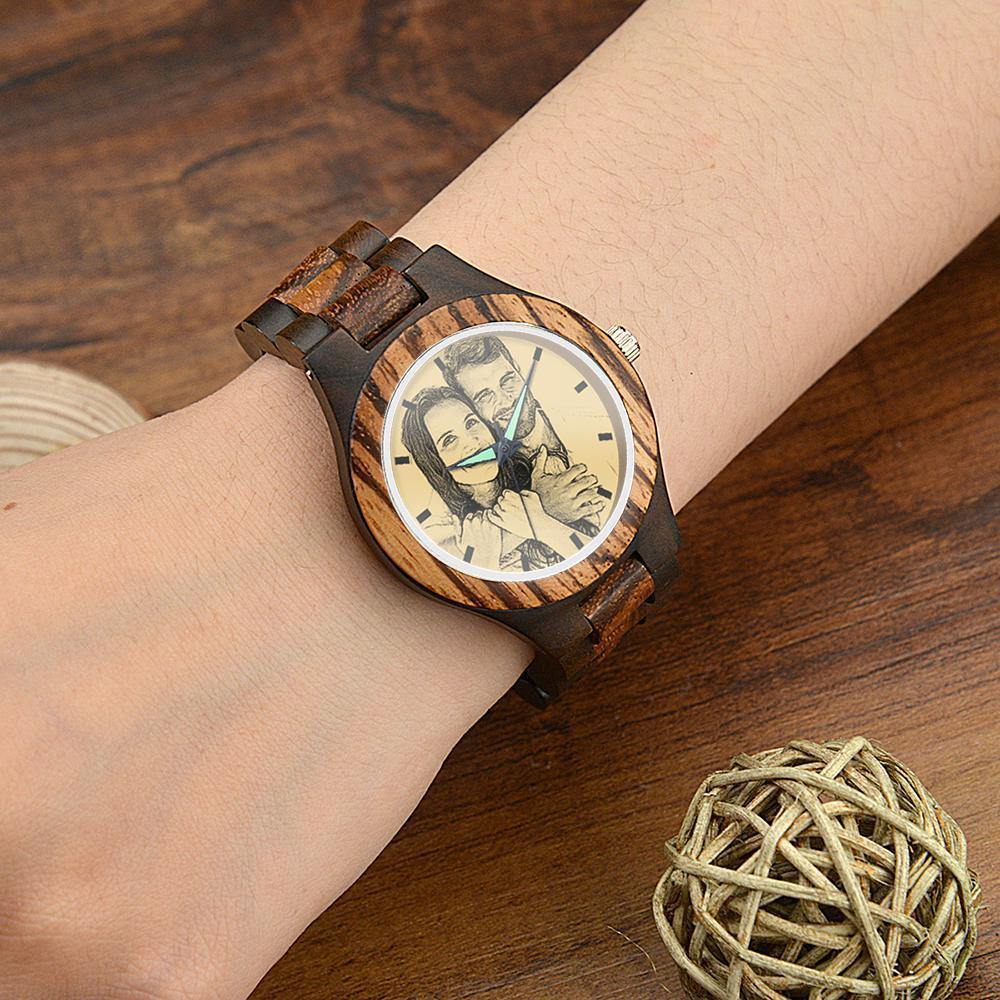 Engraved Wooden Photo Watch Wooden Strap 38mm Sketch Effect - Women's - soufeelus