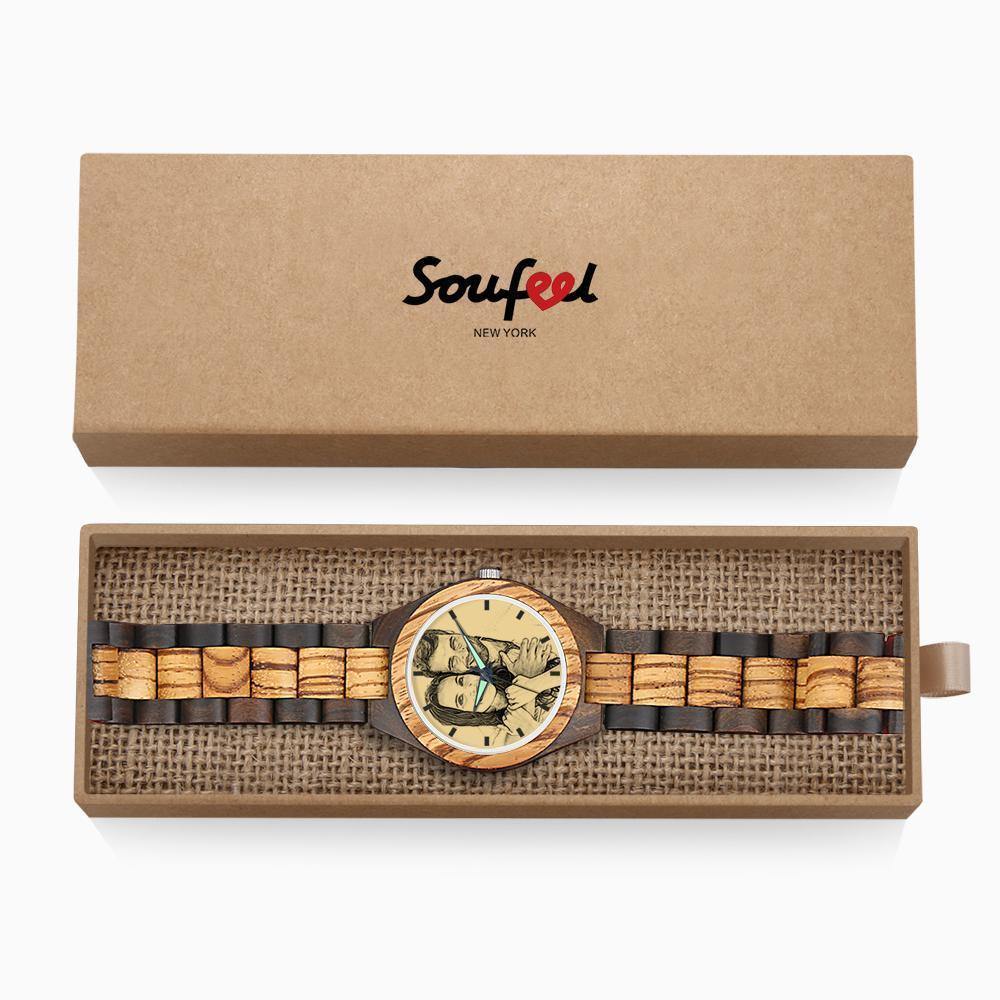 Engraved Wooden Photo Watch Wooden Strap 38mm Sketch Effect - Women's - soufeelus