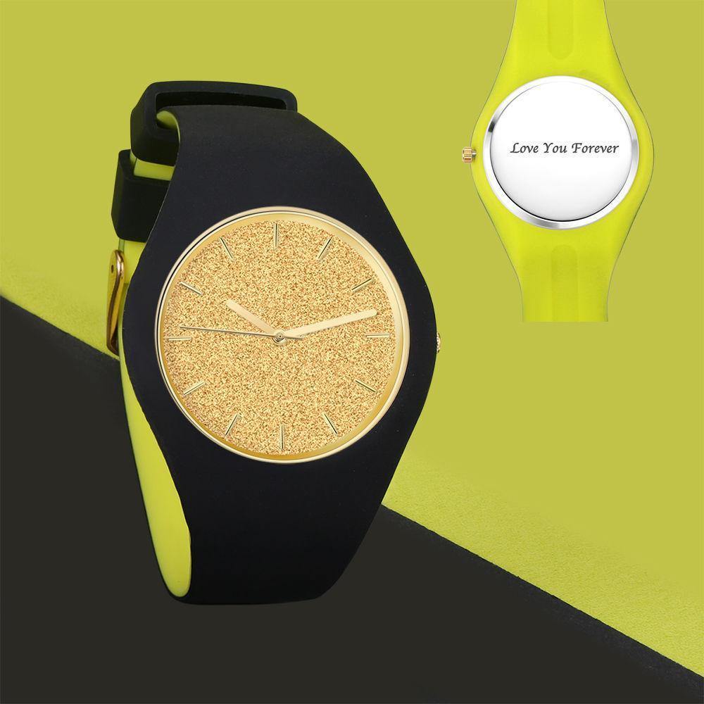 Unisex Silicone Engraved Watch  Unisex Engraved Watch   41mm Black and Green Strap - Golden - soufeelus