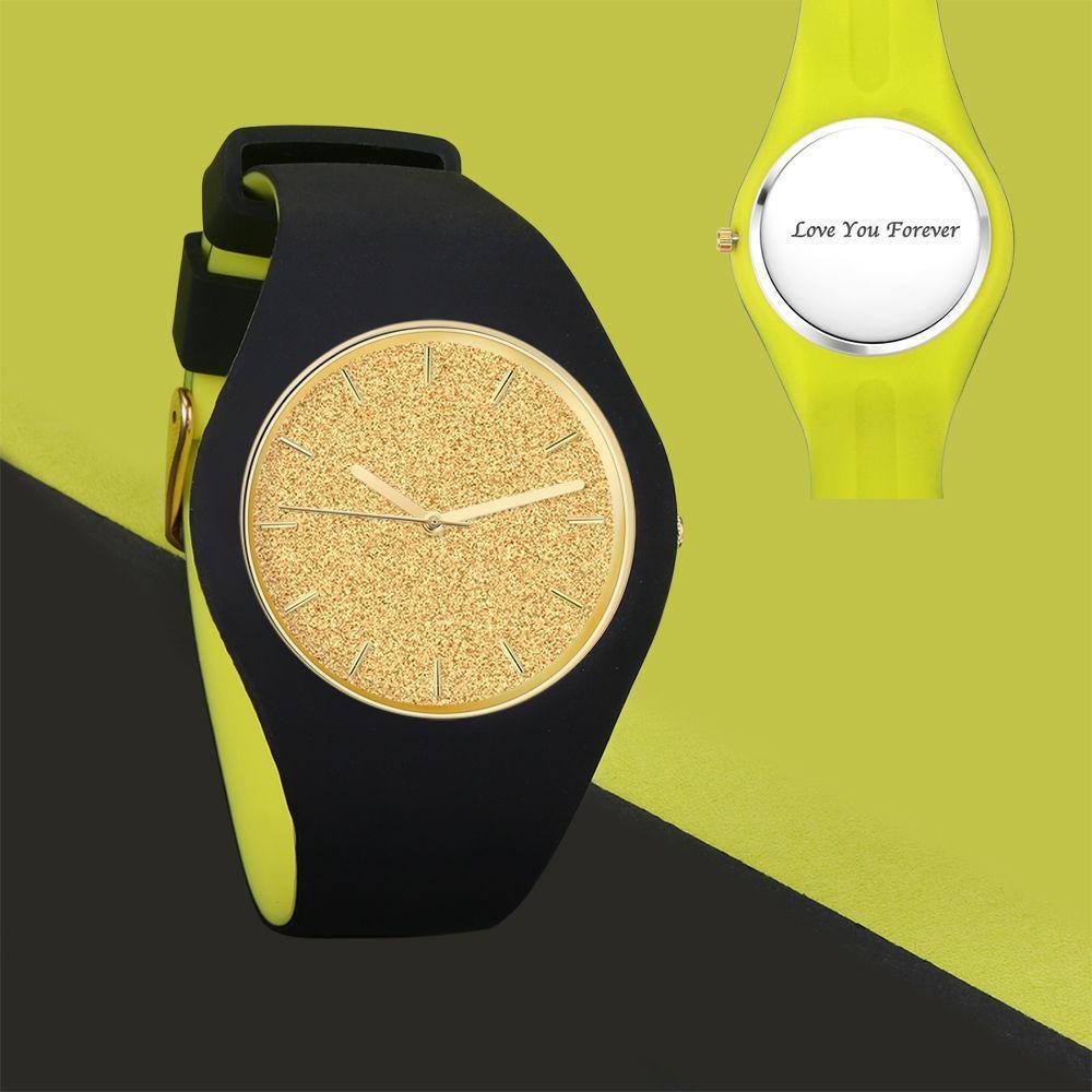 Unisex Silicone Engraved Watch Unisex Engraved Watch 41mm Black and Green Strap - Golden - soufeelus