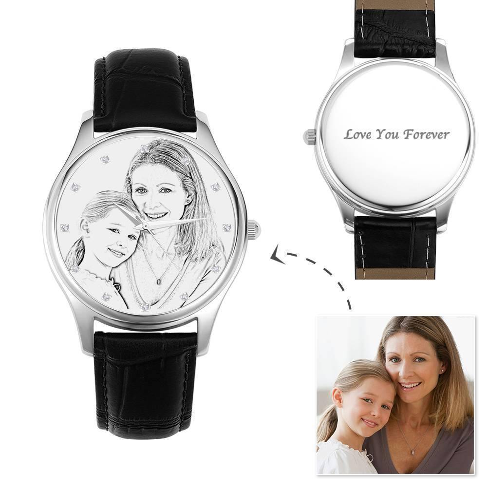 Women's Engraved Photo Watch 40mm Brown Leather Strap - Sketch - soufeelus