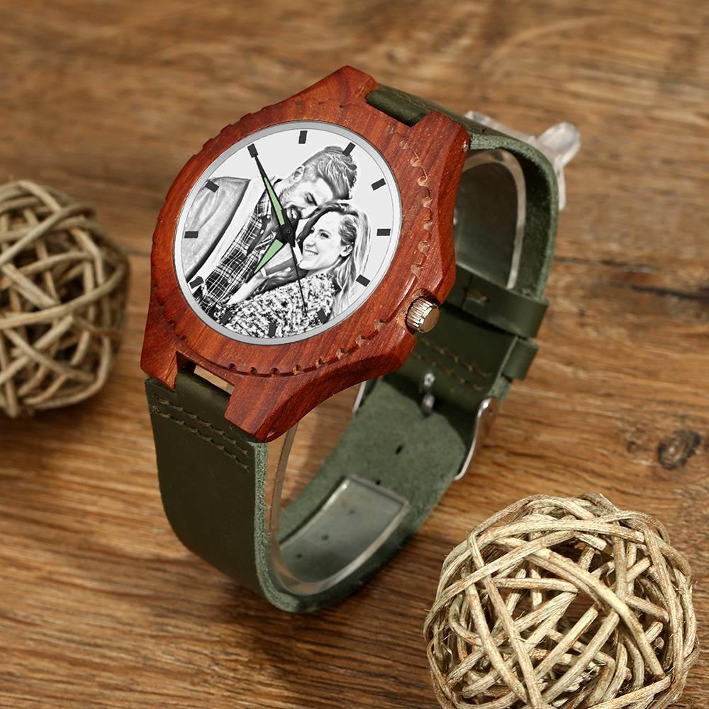 Unisex Engraved Photo Watch 48mm Wood Grain and Dark Green Strap - Sketch -