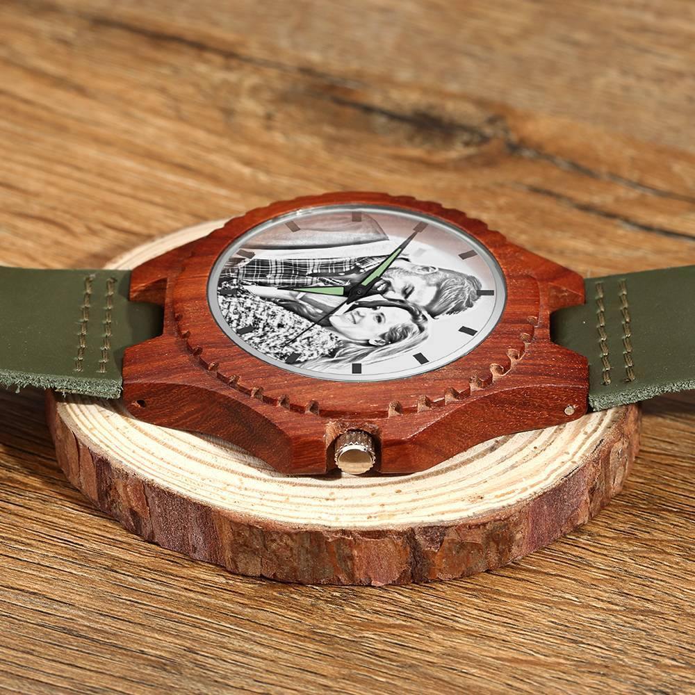 Unisex Engraved Photo Watch 48mm Wood Grain and Dark Green Strap - Sketch - soufeelus