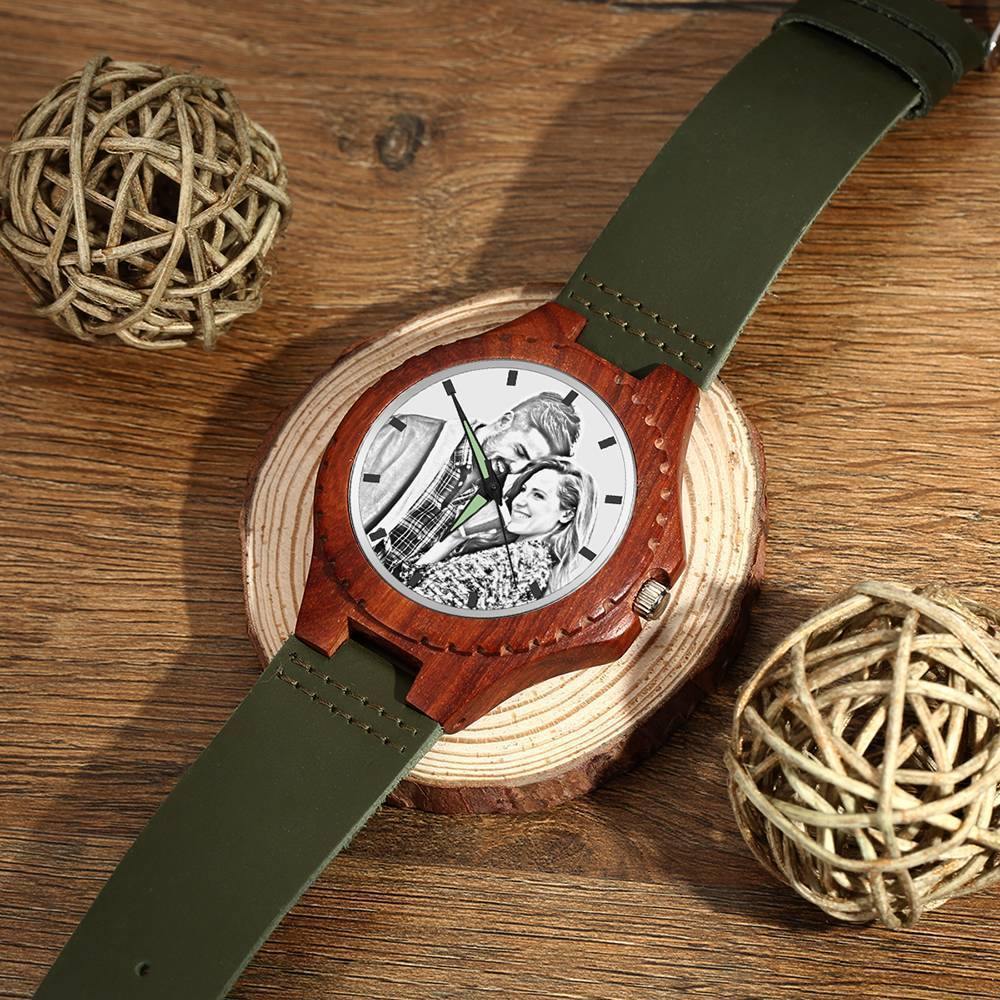 Unisex Engraved Photo Watch 48mm Wood Grain and Dark Green Strap - Sketch -