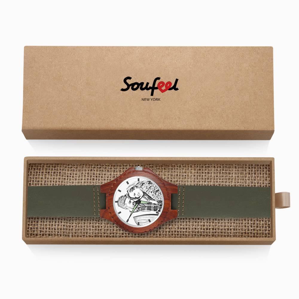 Unisex Engraved Photo Watch 48mm Wood Grain and Dark Green Strap - Sketch - soufeelus