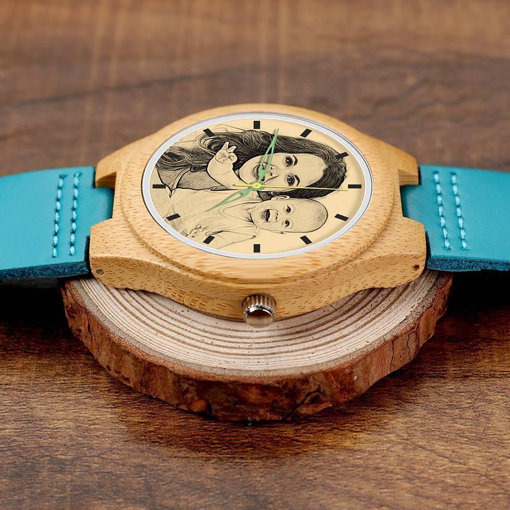 Women's Engraved Wooden Photo Watch Blue Leather Strap - Bamboo - soufeelus
