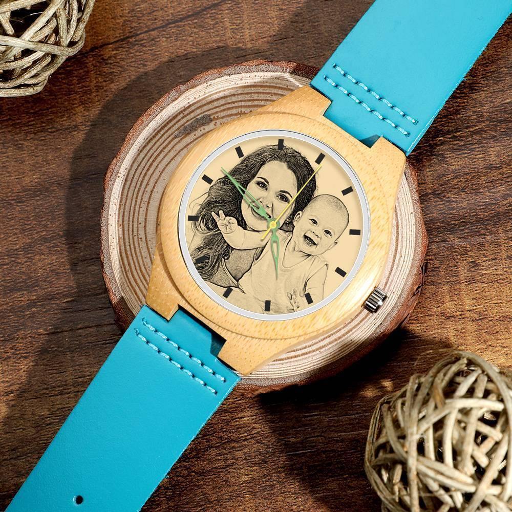 Women's Engraved Wooden Photo Watch Blue Leather Strap - Bamboo - soufeelus
