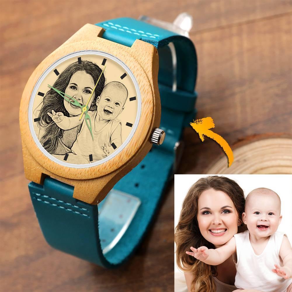 Women's Engraved Wooden Photo Watch Blue Leather Strap - Sandalwood - soufeelus