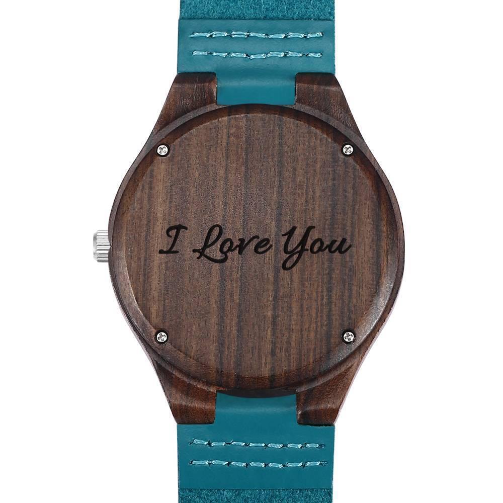 Men's Engraved Wooden Photo Watch Blue Leather Strap - Sandalwood - 