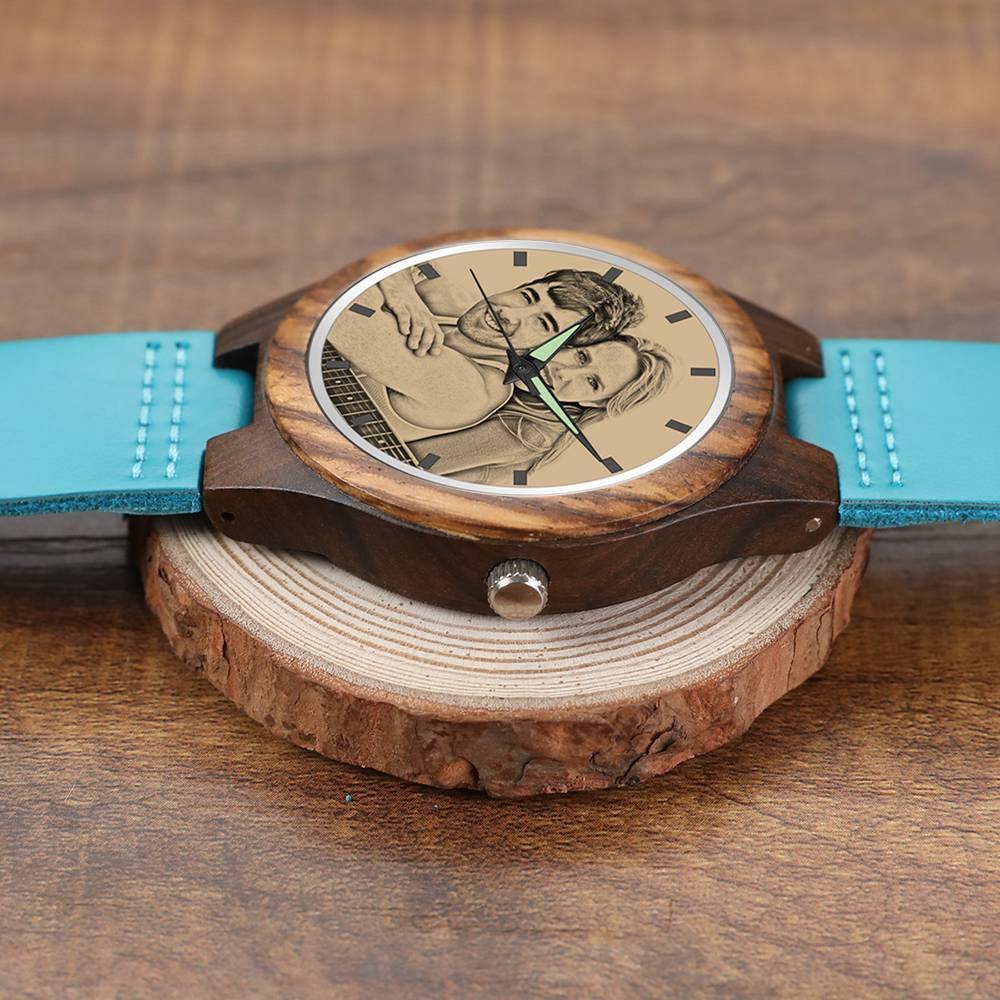 Men's Engraved Wooden Photo Watch Blue Leather Strap - Sandalwood - 