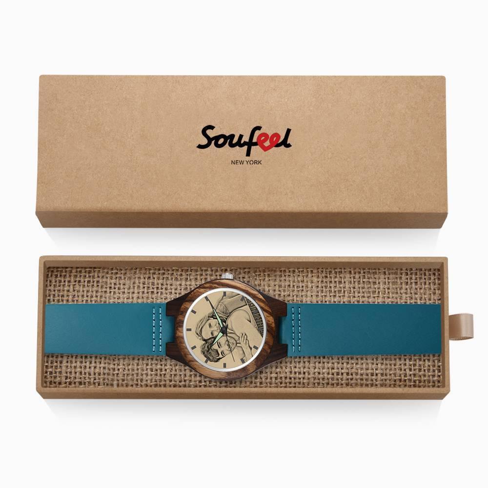 Men's Engraved Wooden Photo Watch Blue Leather Strap - Sandalwood - 