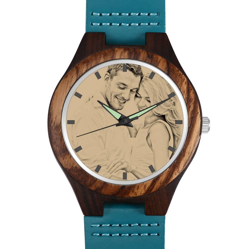 Women's Engraved Wooden Photo Watch Blue Leather Strap - Sandalwood - soufeelus