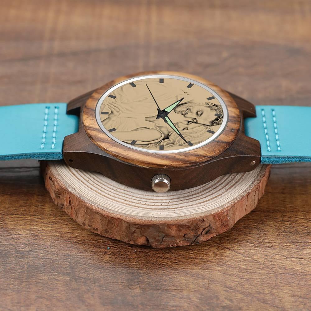 Women's Engraved Wooden Photo Watch Blue Leather Strap - Sandalwood - soufeelus