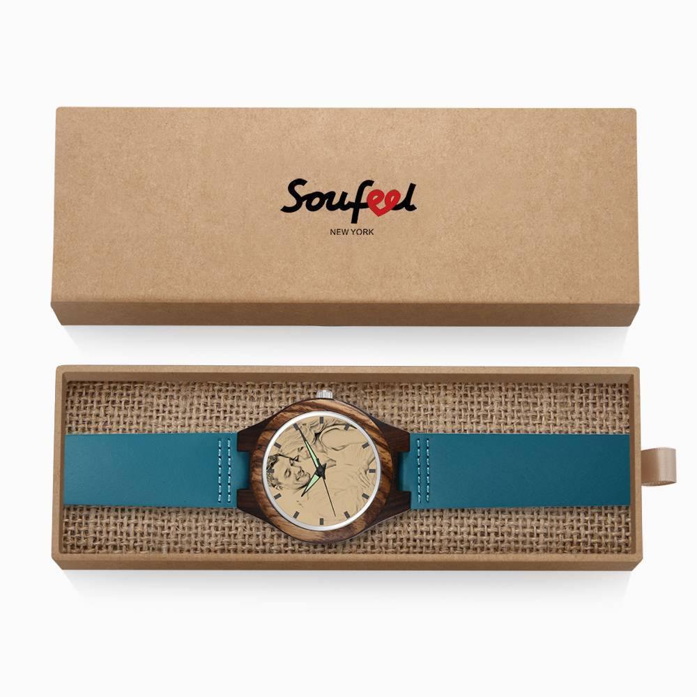 Women's Engraved Wooden Photo Watch Blue Leather Strap - Sandalwood - soufeelus