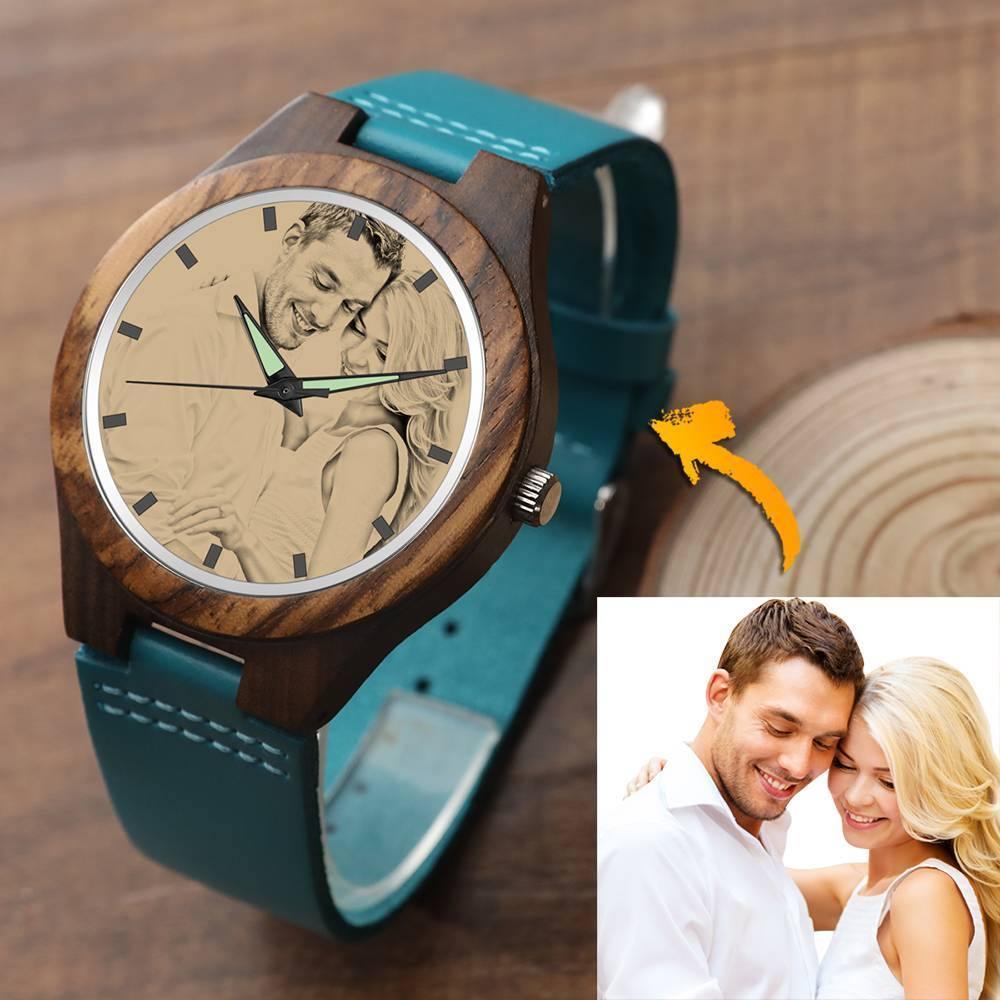 Women's Engraved Wooden Photo Watch Blue Leather Strap - Sandalwood - soufeelus