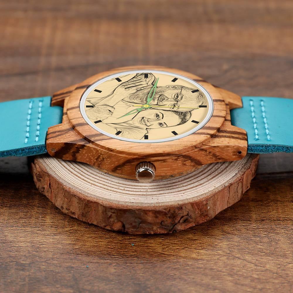 Men's Engraved Wooden Stripe Photo Watch Blue Leather Strap - Zebra Wood - soufeelus