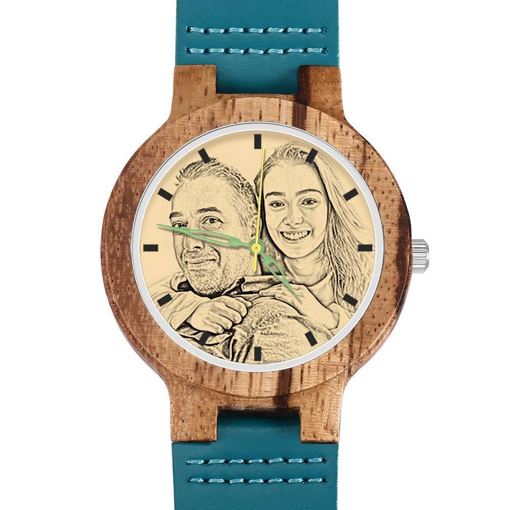 Men's Engraved Wooden Photo Watch Blue Leather Strap - Zebra Wood - 