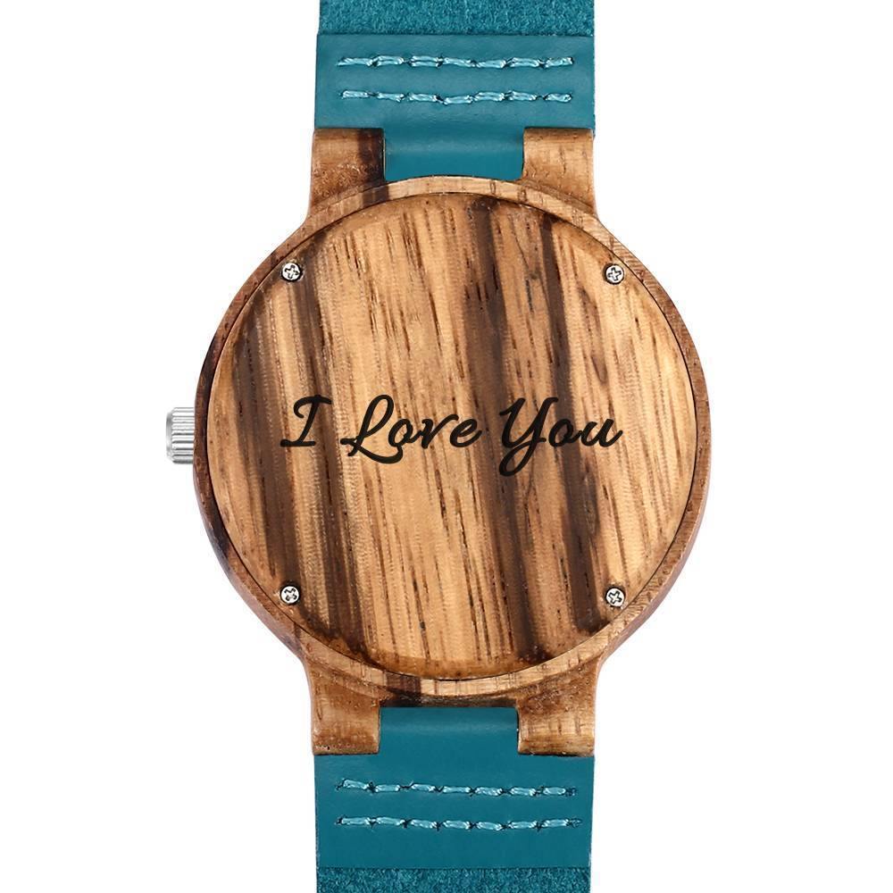 Men's Engraved Wooden Photo Watch Blue Leather Strap - Zebra Wood - 