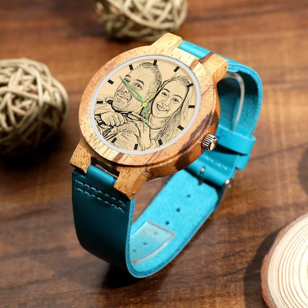 Men's Engraved Wooden Photo Watch Blue Leather Strap - Zebra Wood - 