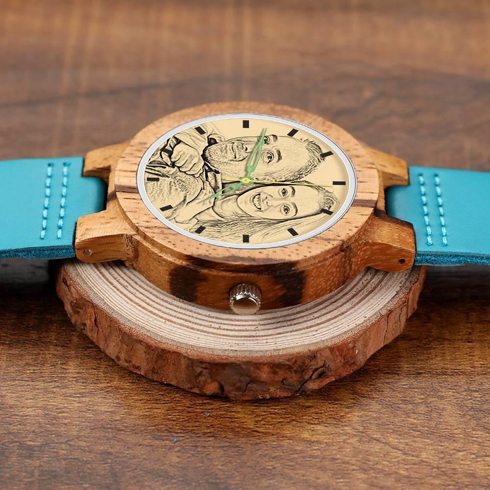 Men's Engraved Wooden Photo Watch Blue Leather Strap - Zebra Wood - 