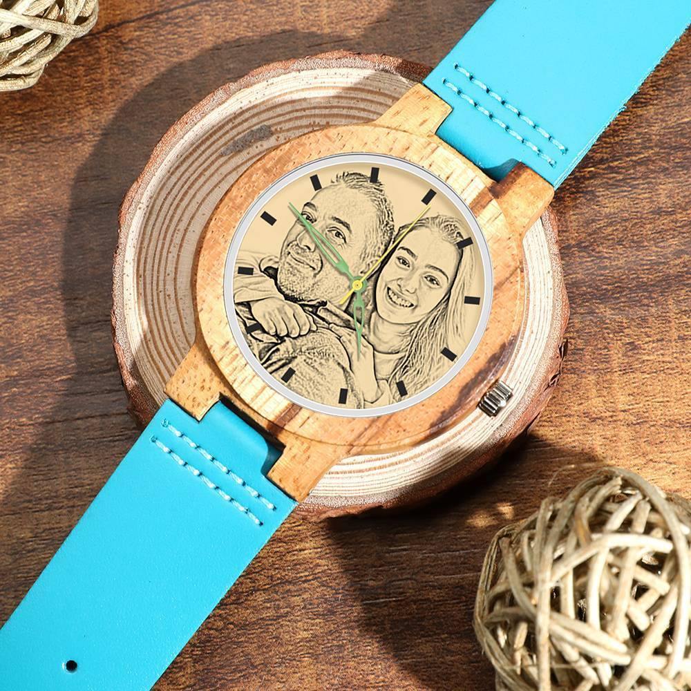 Men's Engraved Wooden Photo Watch Blue Leather Strap - Zebra Wood -