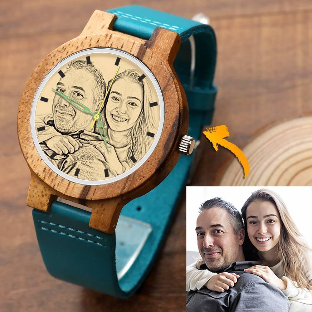 Men's Engraved Wooden Photo Watch Blue Leather Strap - Zebra Wood - soufeelus