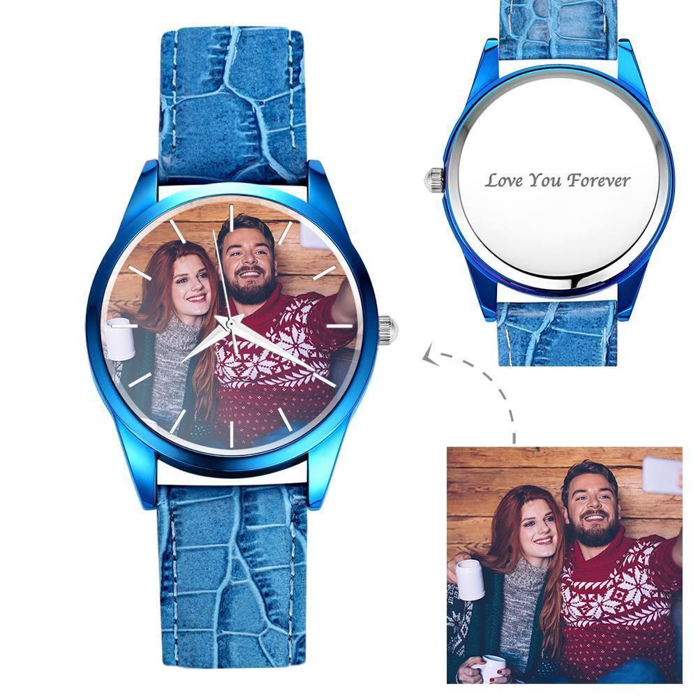 Personalized Engraved Watch, Photo Watch with Blue Leather Strap Women's - soufeelus