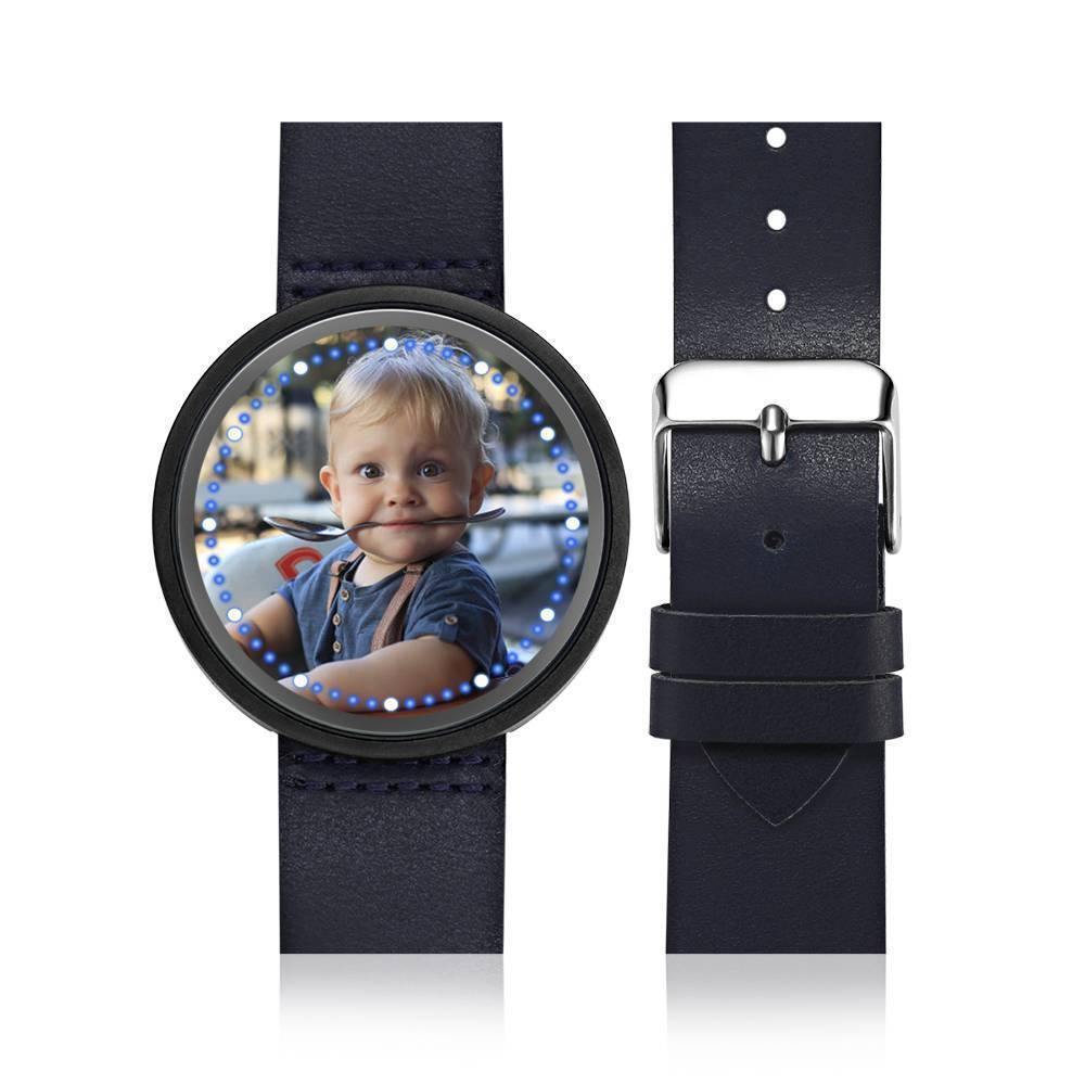 Personalized Photo Watch, Touch Illuminated Watch Blue Leather Strap Family Gift - soufeelus