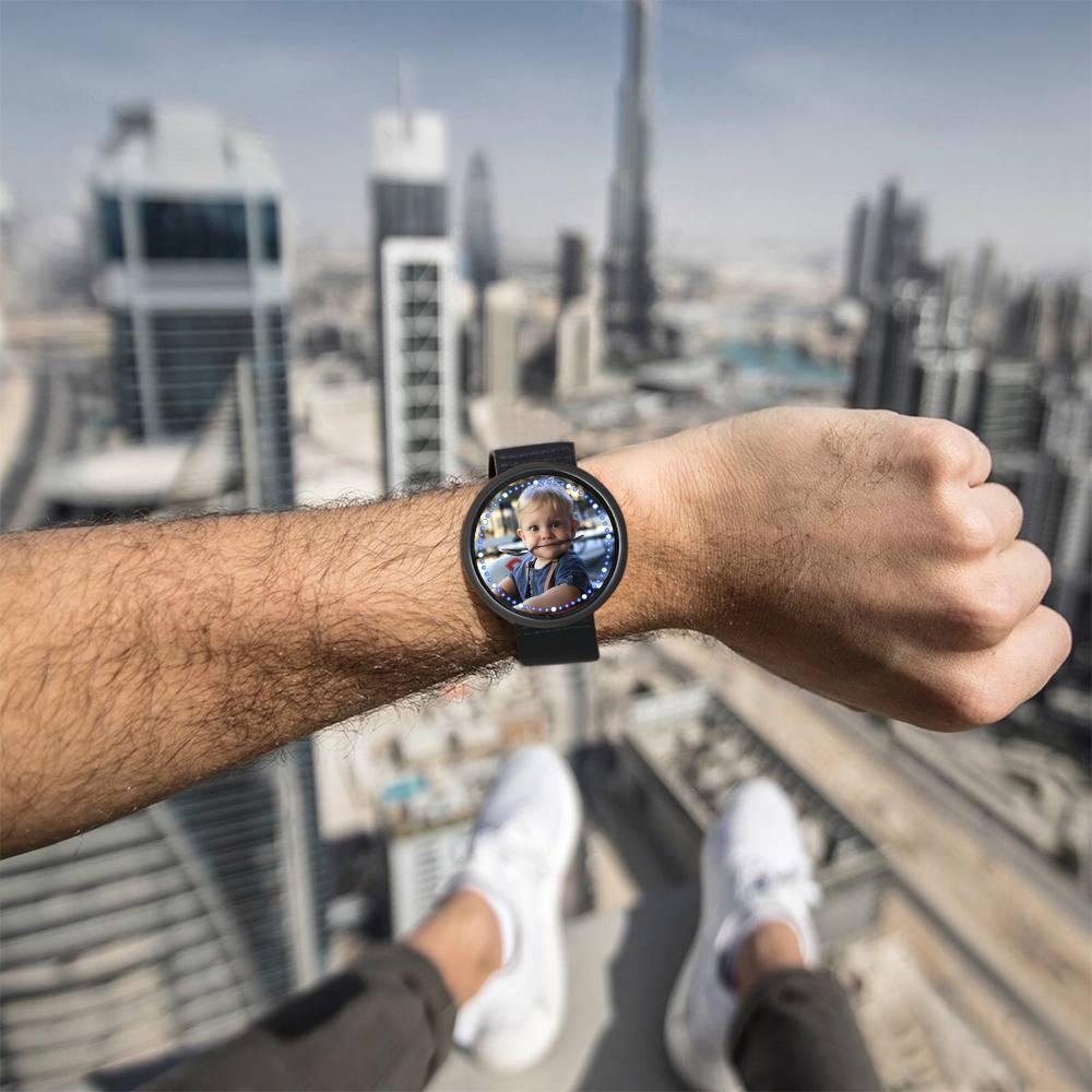 Personalized Photo Watch, Touch Illuminated Watch Blue Leather Strap Family Gift - soufeelus