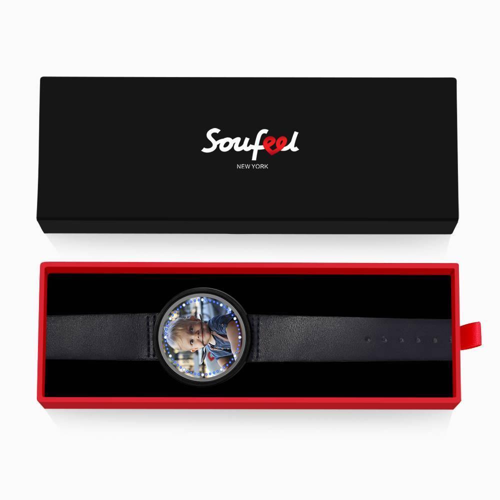 Personalized Photo Watch, Touch Illuminated Watch Blue Leather Strap Family Gift - soufeelus