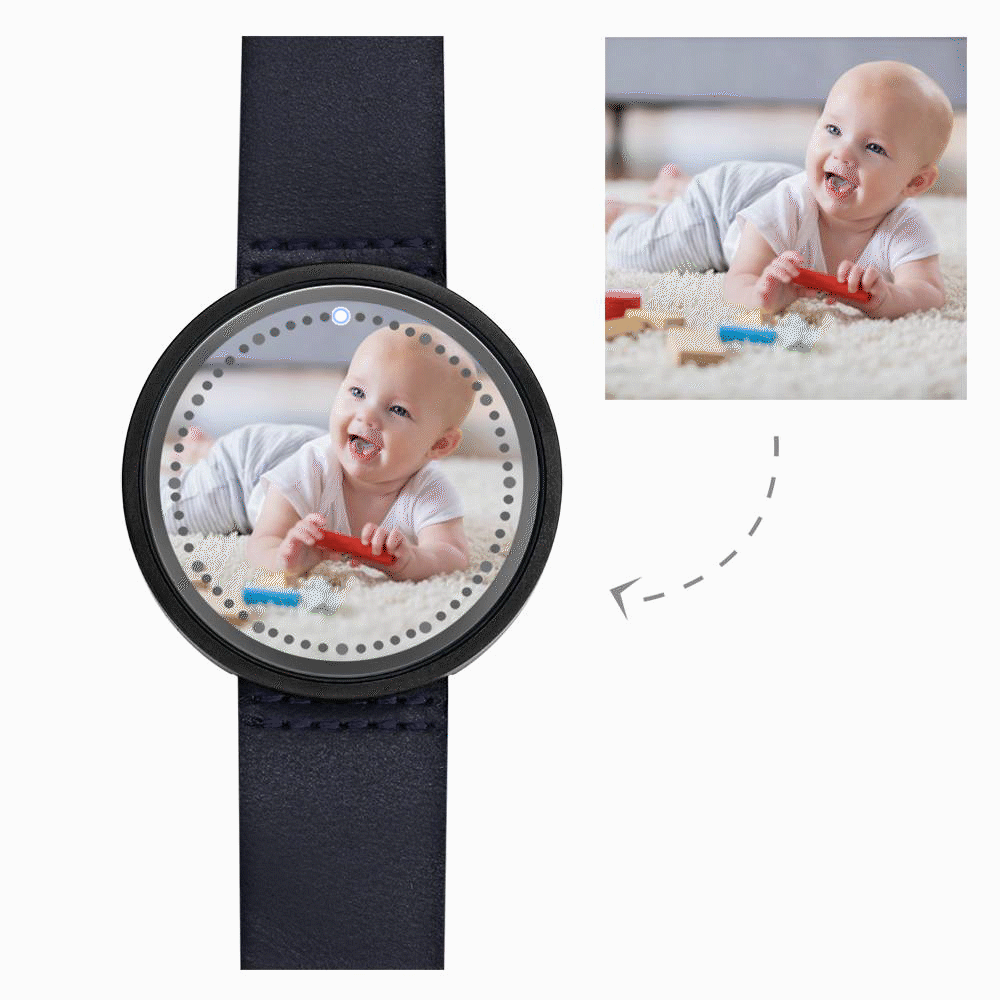 Personalized Photo Watch, Touch Illuminated Watch Blue Leather Strap Cute Children - soufeelus
