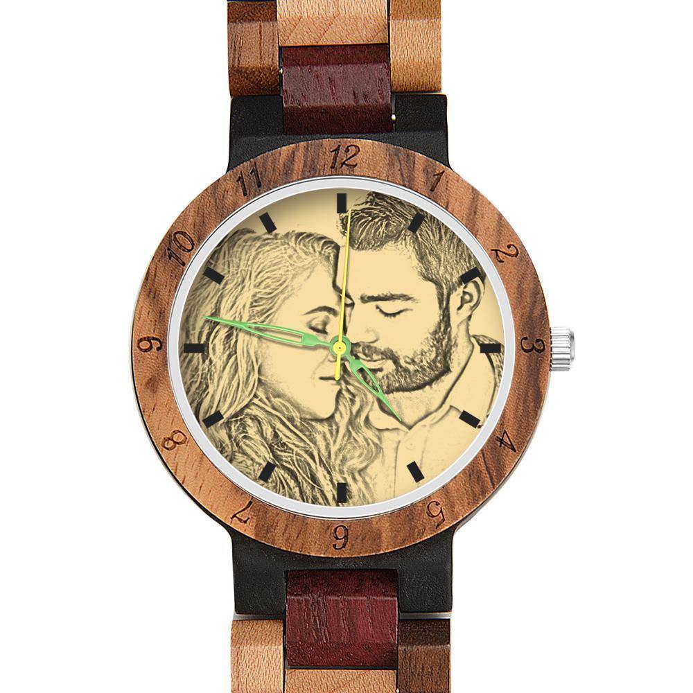 Photo Engraved Wooden, Photo Watch Wooden Strap 45mm Sketch Effect Colorful Wood for Men's - 