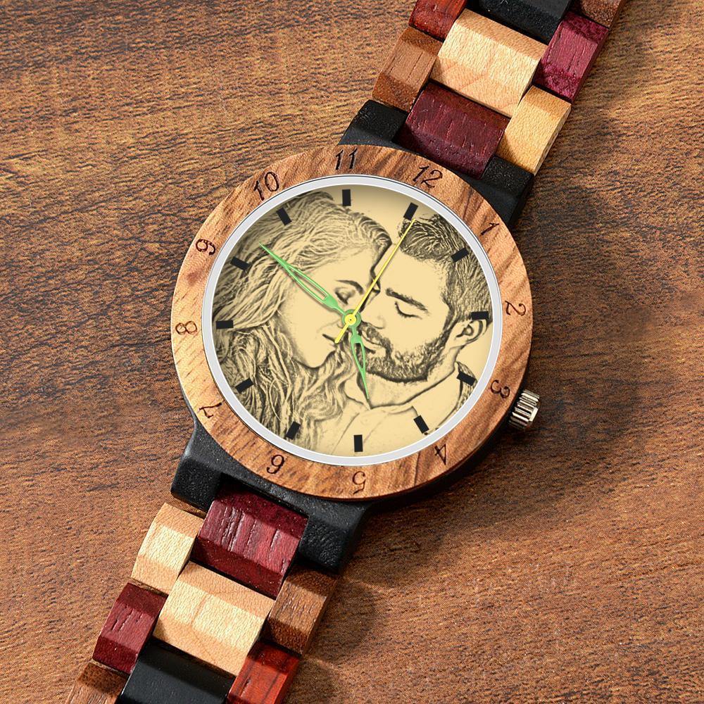 Photo Engraved Wooden, Photo Watch Wooden Strap 45mm Sketch Effect Colorful Wood for Men's - 